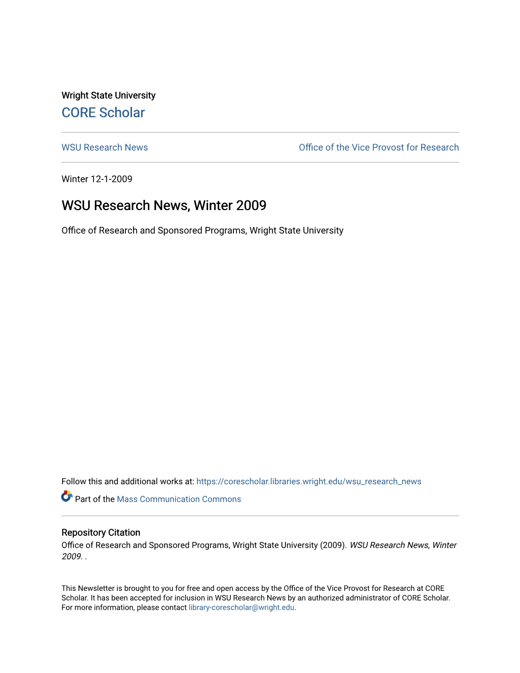 WSU Research News, Winter 2009