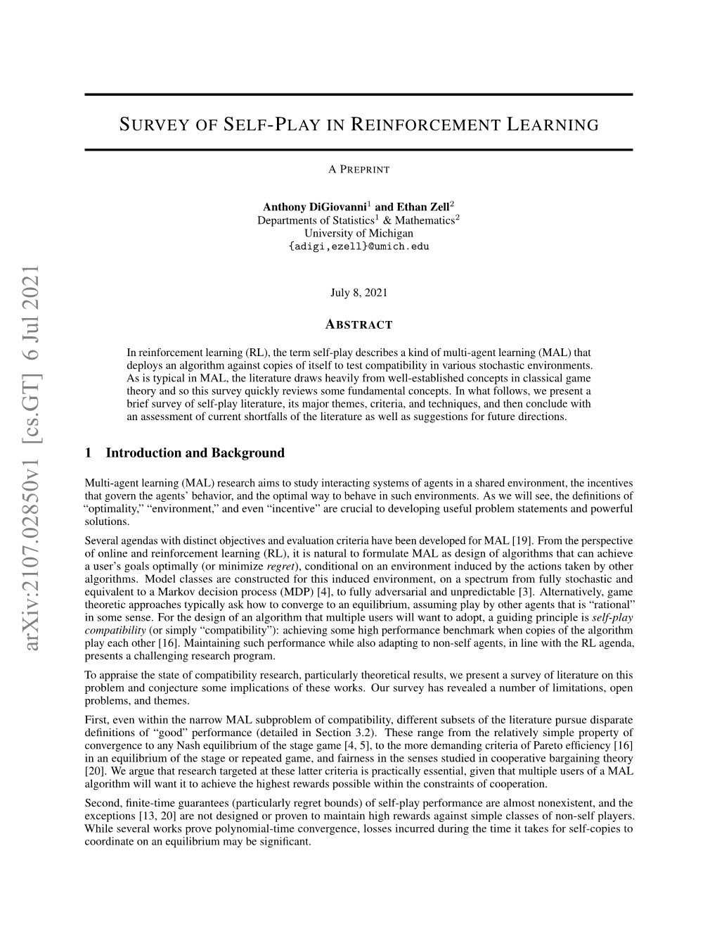 Survey of Self-Play in Reinforcement Learning