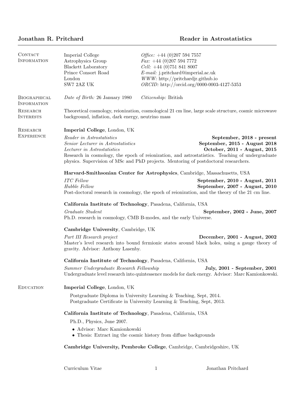 Jonathan R. Pritchard Reader in Astrostatistics