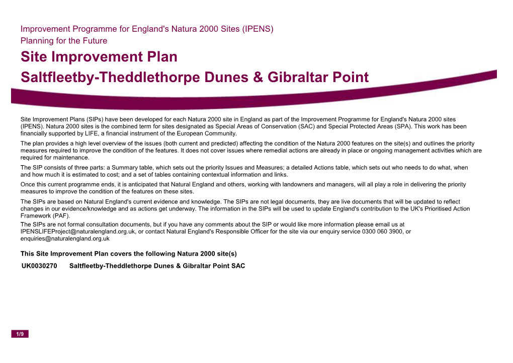 Site Improvement Plan Saltfleetby-Theddlethorpe Dunes & Gibraltar Point