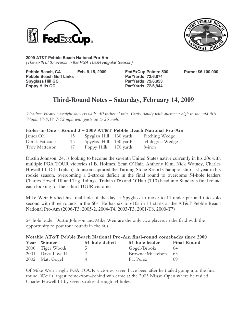 2009 AT&T Pebble Beach Round 3 Notebook