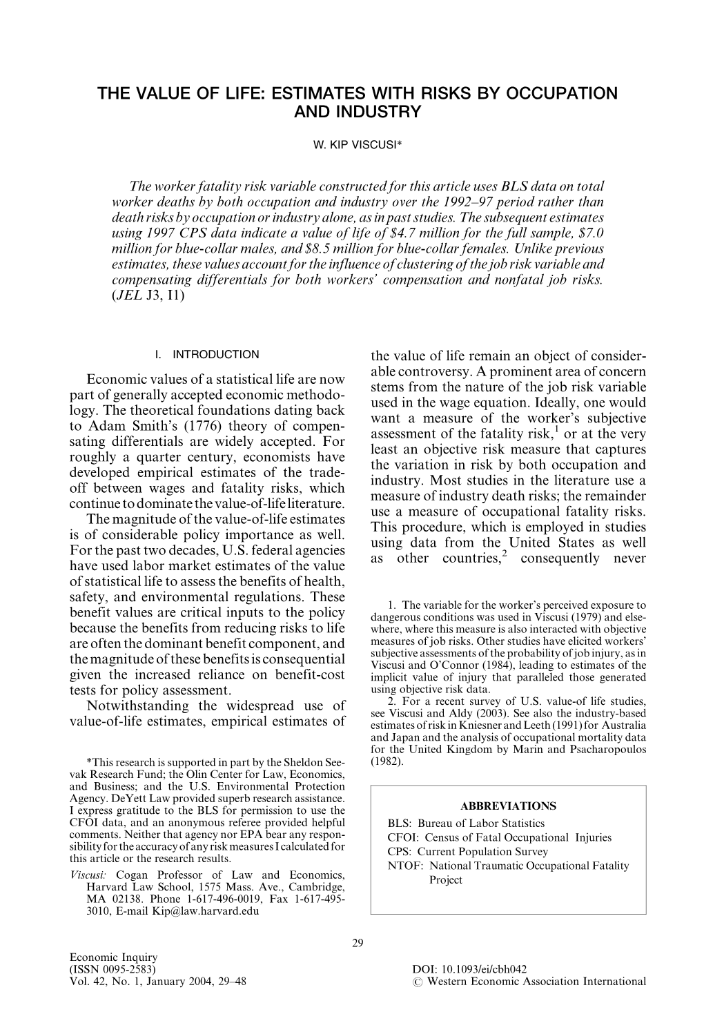 The Value of Life: Estimates with Risks by Occupation and Industry