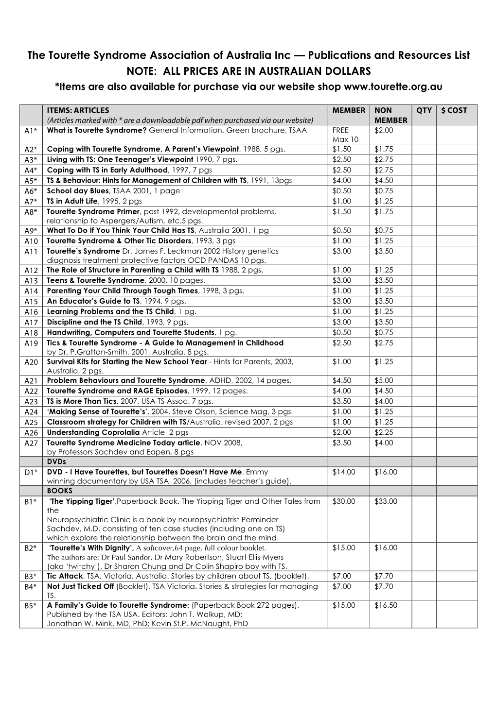 The Tourette Syndrome Association of Australia Inc — Publications And