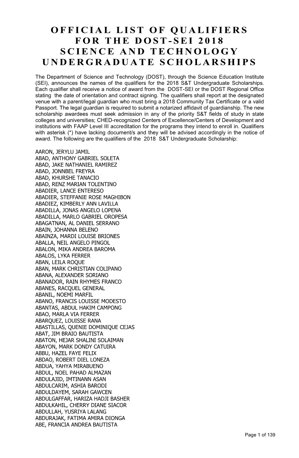 Official List of Qualifiers for the Dost-Sei 2018 Science and Technology