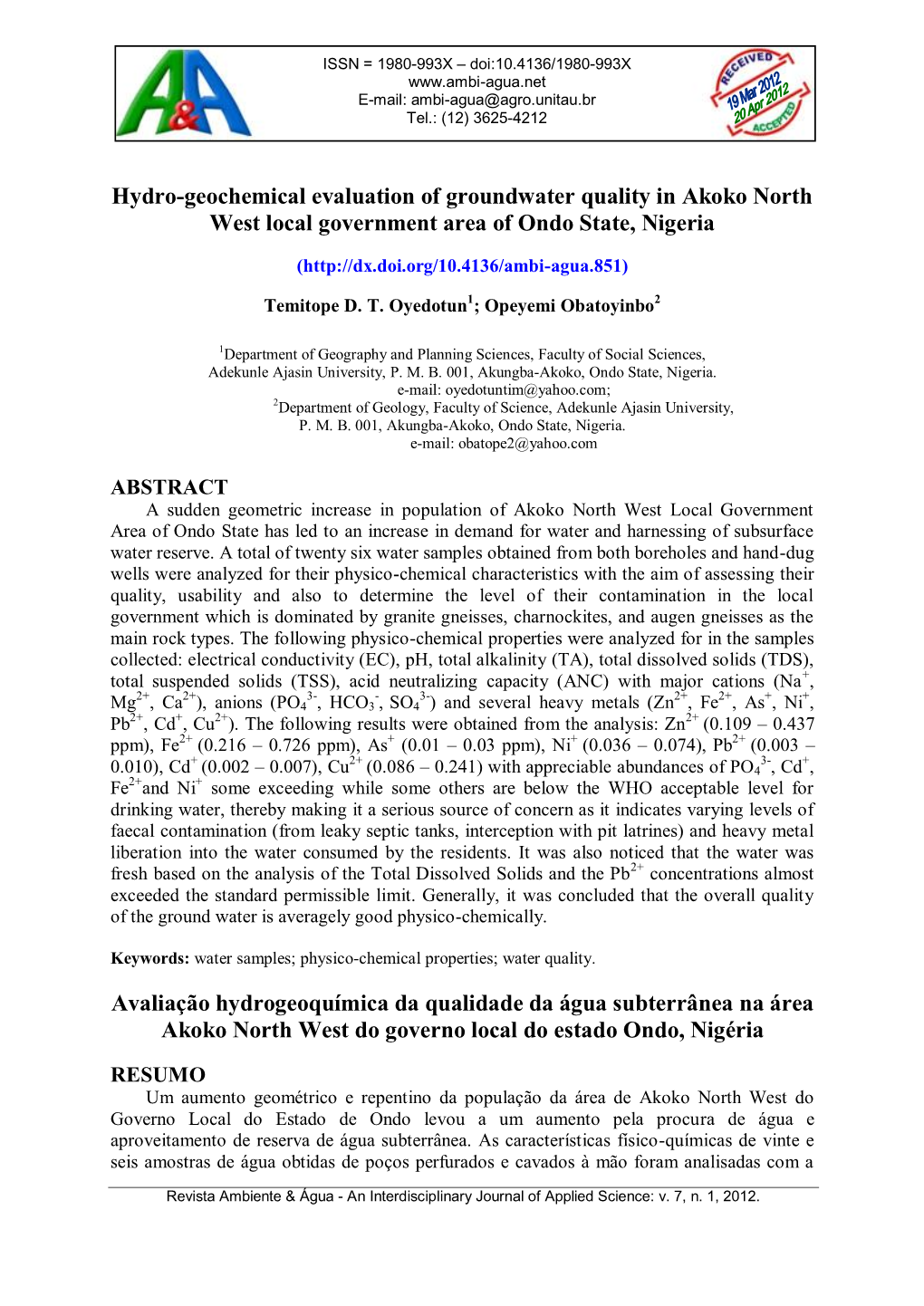 Hydro-Geochemical Evaluation of Groundwater Quality in Akoko North West Local Government Area of Ondo State, Nigeria