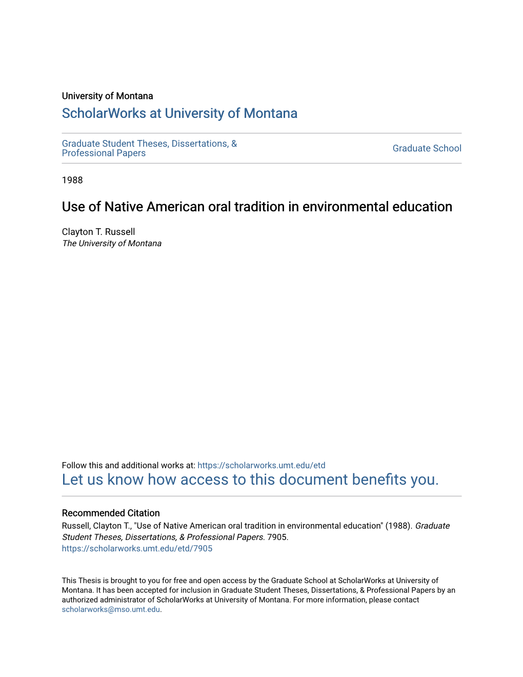 Use of Native American Oral Tradition in Environmental Education