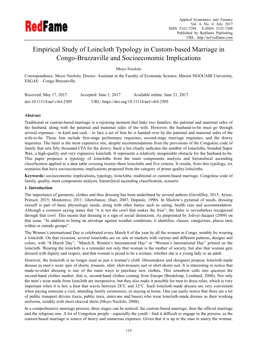 Empirical Study of Loincloth Typology in Custom-Based Marriage in Congo-Brazzaville and Socioeconomic Implications