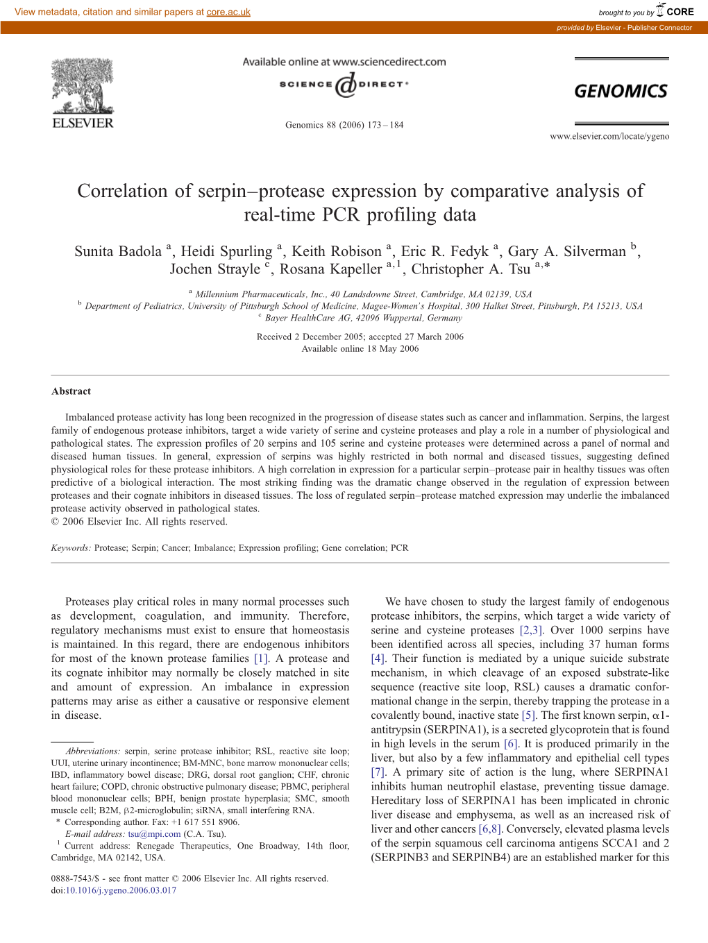 Correlation of Serpin–Protease Expression by Comparative Analysis of Real-Time PCR Profiling Data