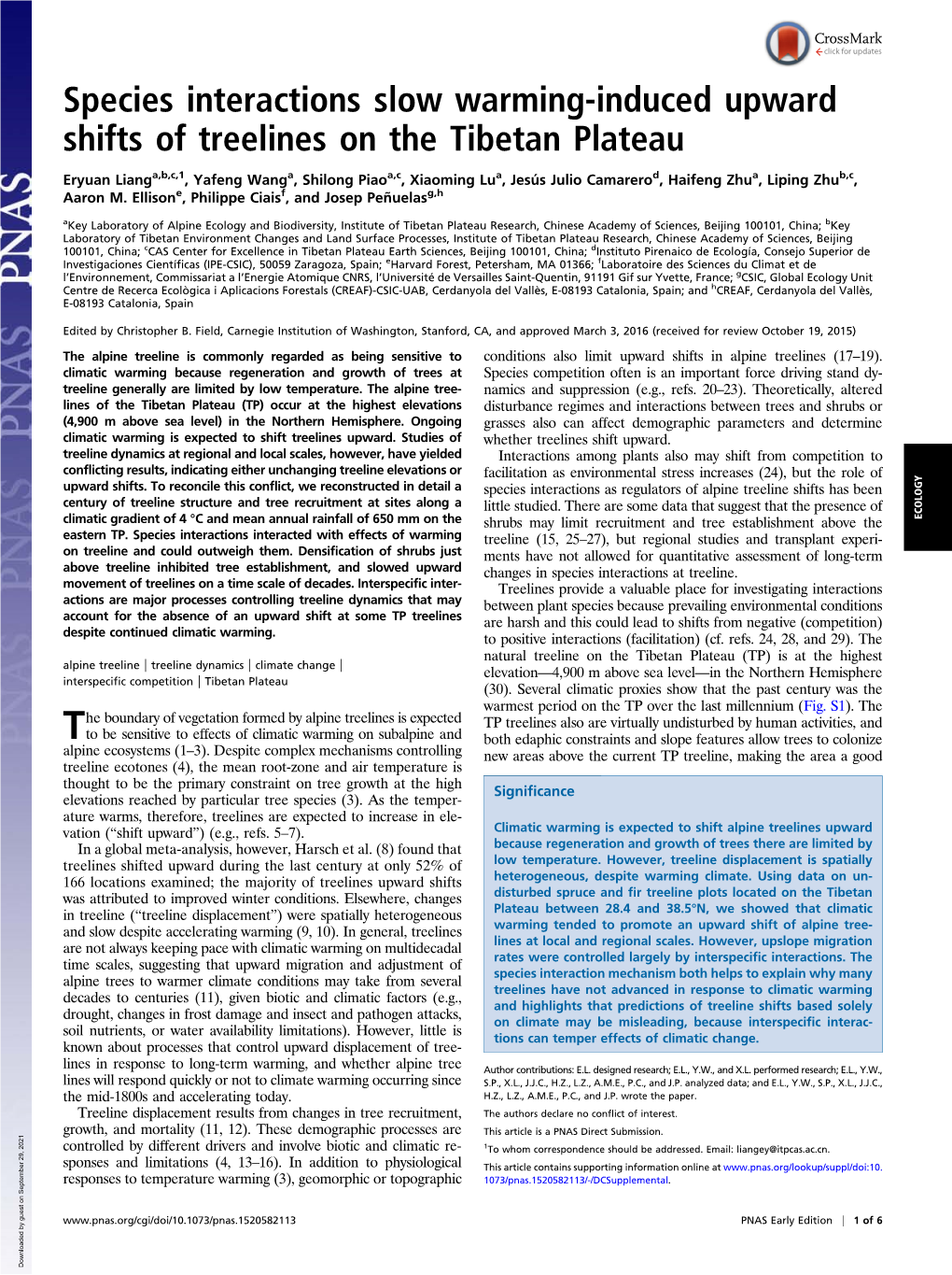 Species Interactions Slow Warming-Induced Upward Shifts of Treelines on the Tibetan Plateau