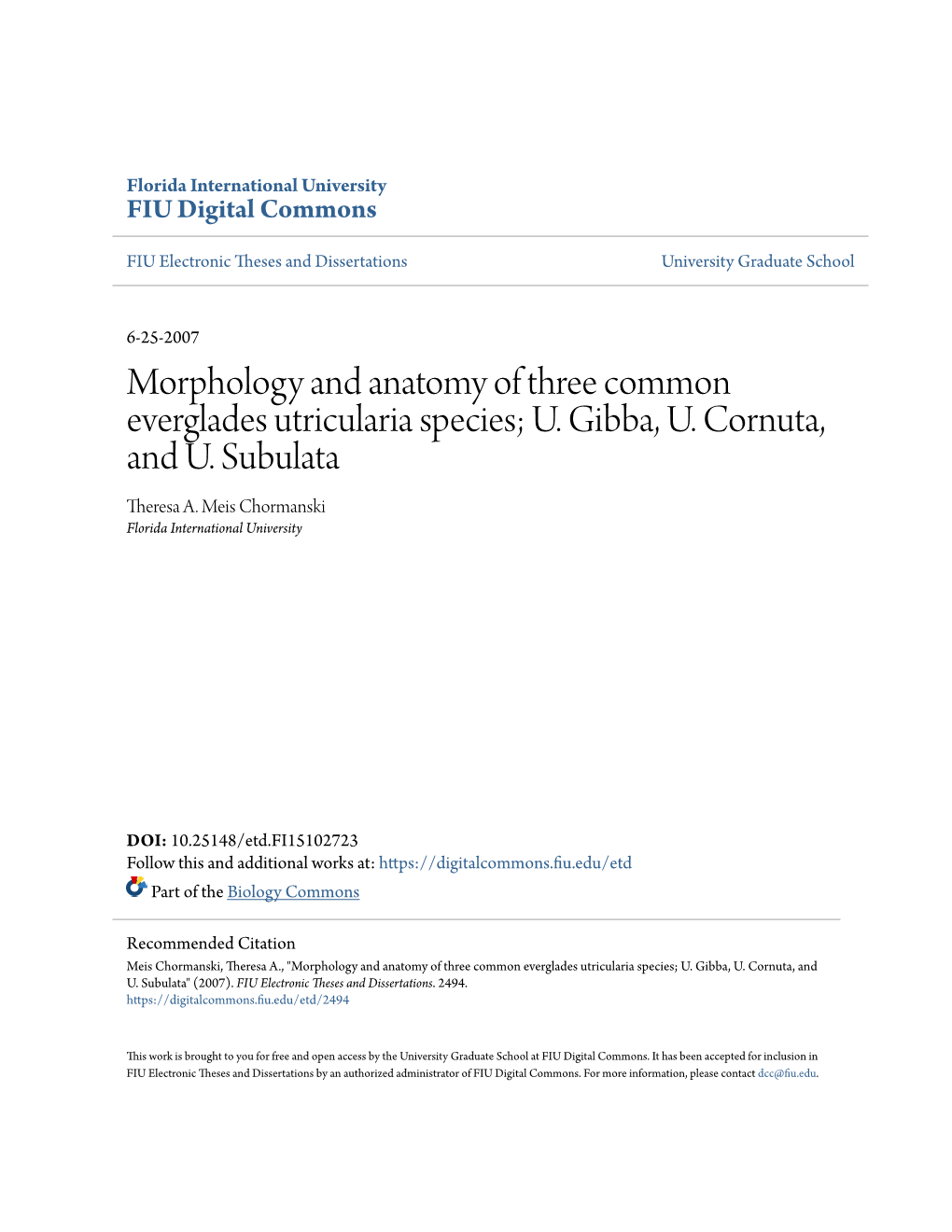 Morphology and Anatomy of Three Common Everglades Utricularia Species; U