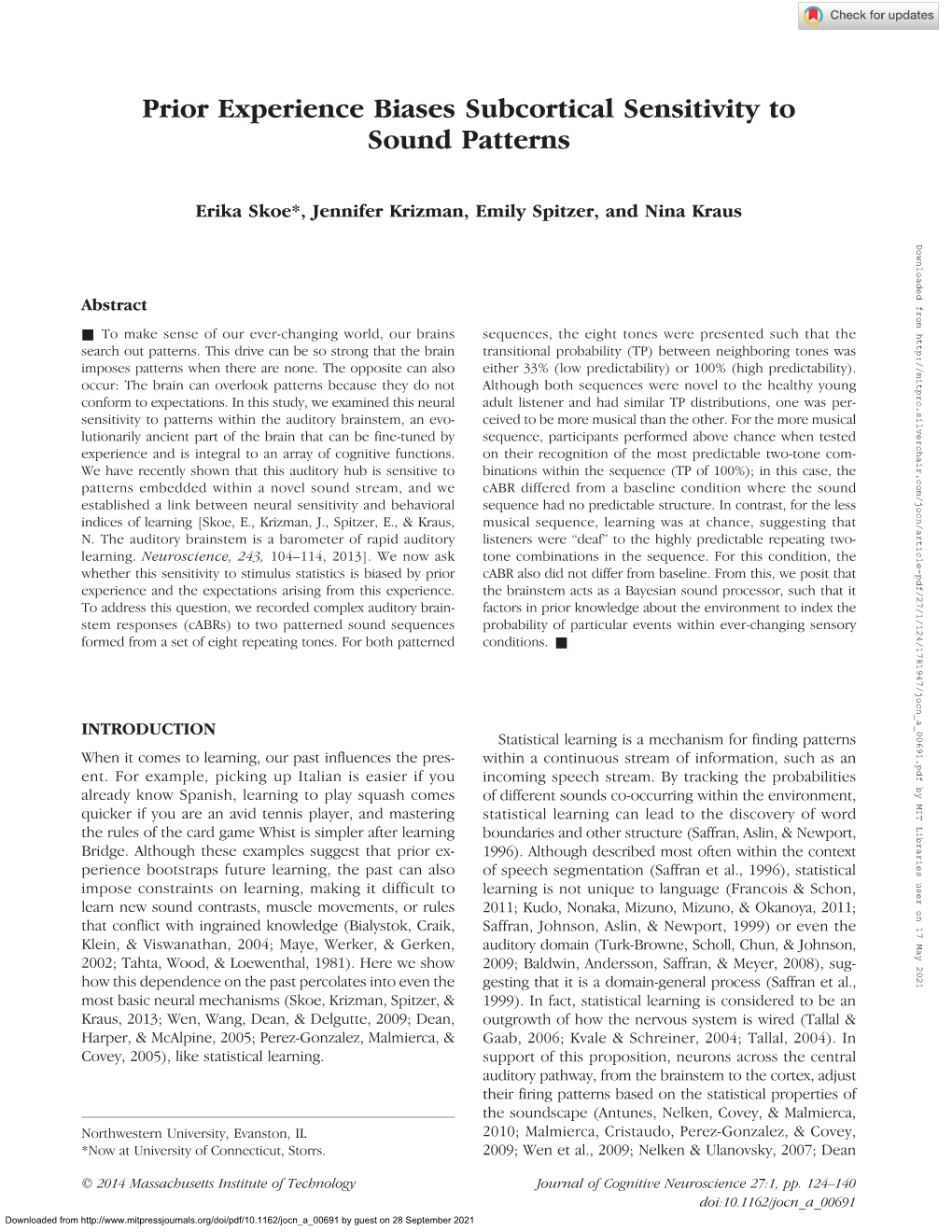 Prior Experience Biases Subcortical Sensitivity to Sound Patterns