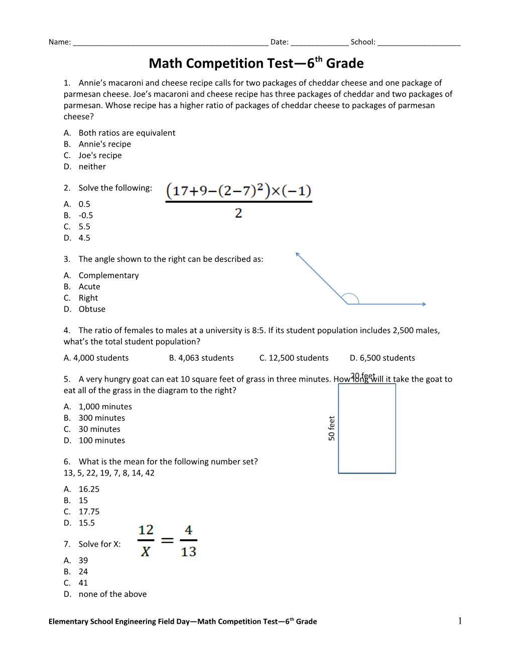 Math Competition Test 6Th Grade