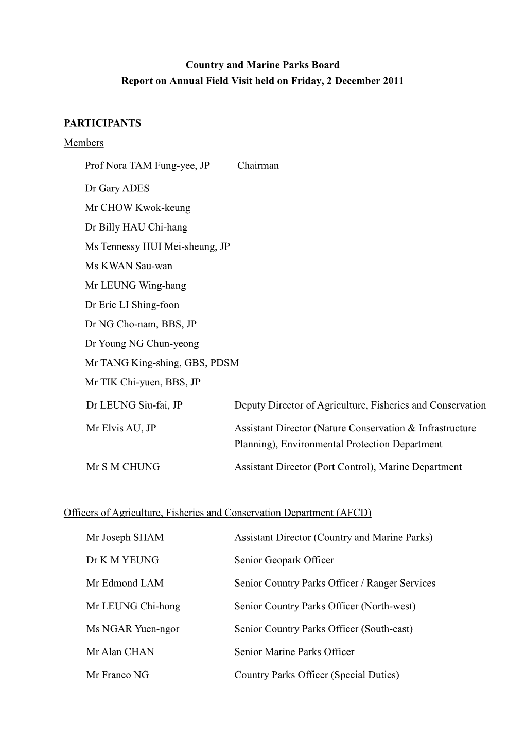 Country and Marine Parks Board Report on Annual Field Visit Held on Friday, 2 December 2011