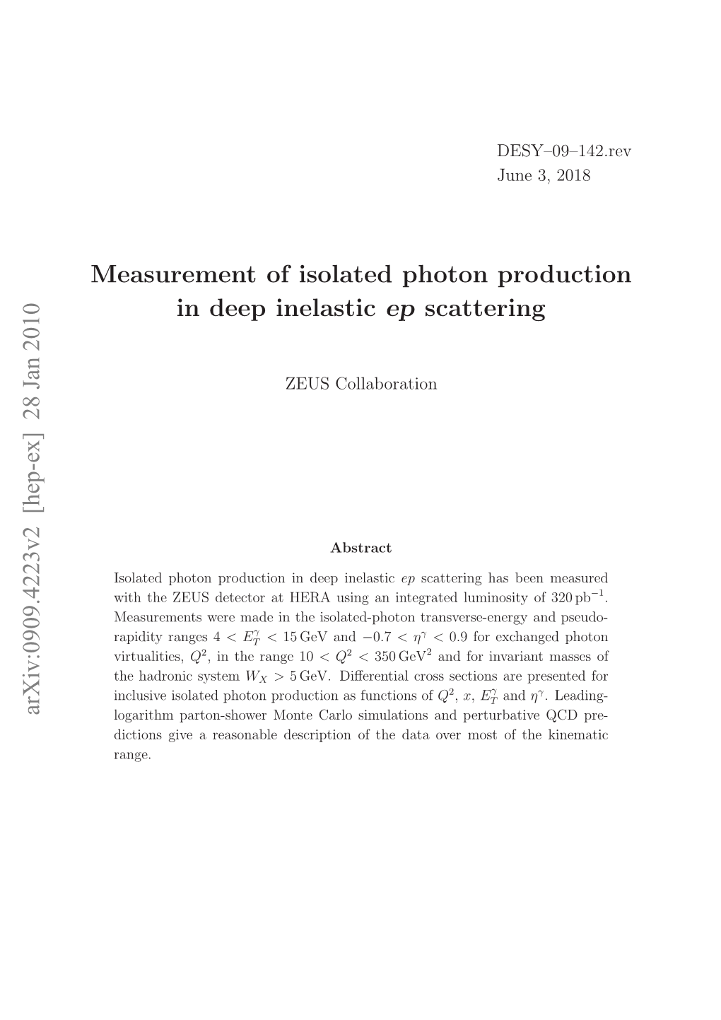 Measurement of Isolated Photon Production in Deep Inelastic Ep