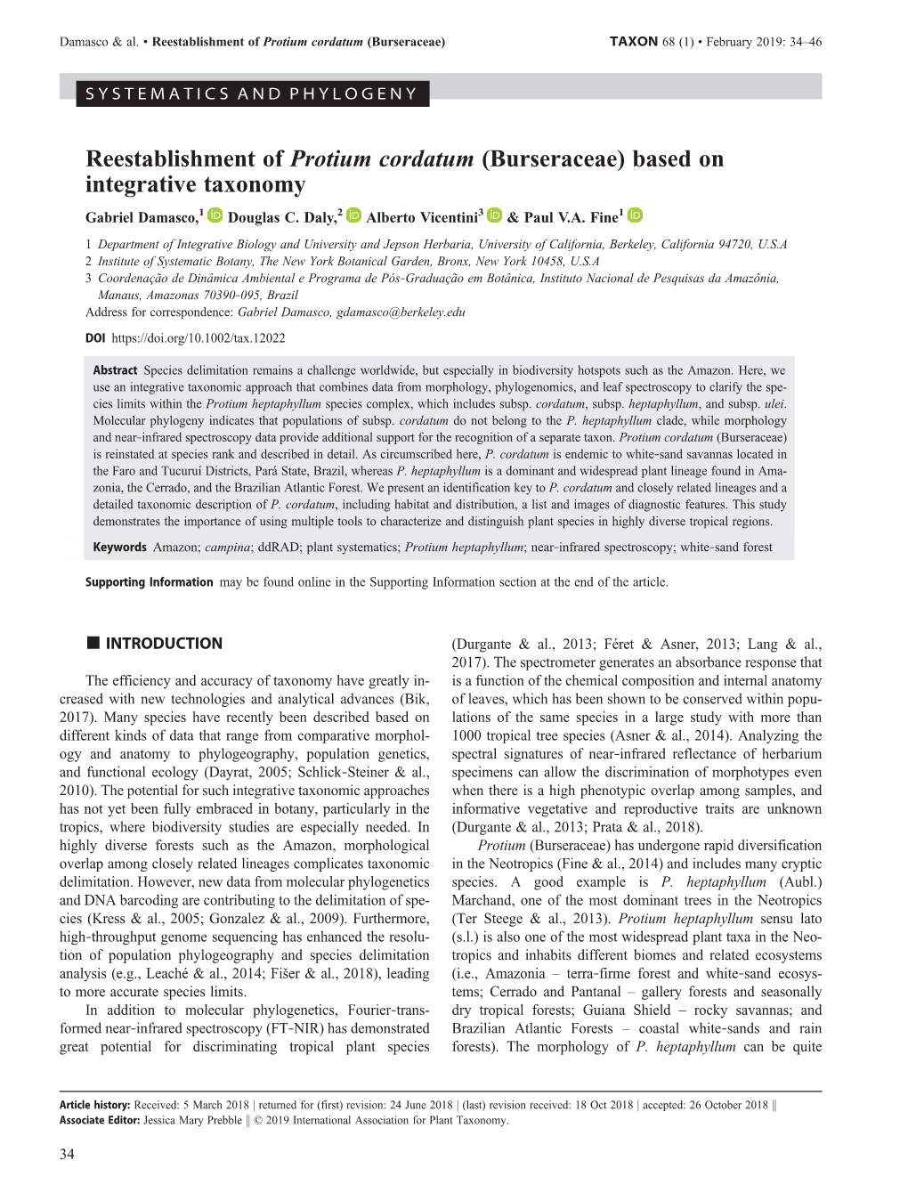 Reestablishment of Protium Cordatum (Burseraceae) TAXON 68 (1) • February 2019: 34–46