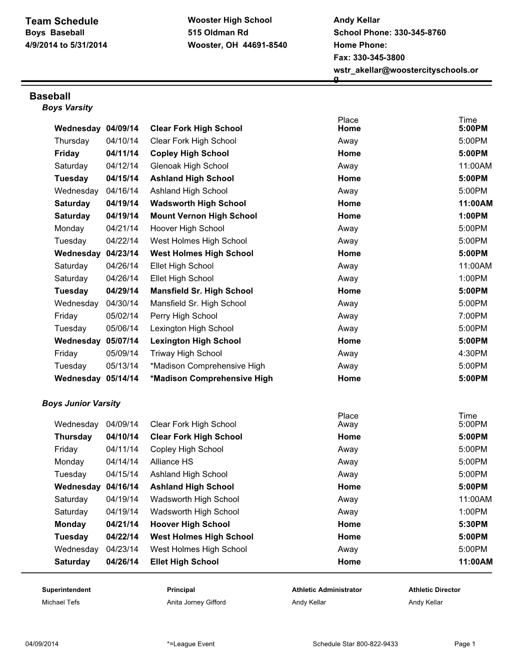 Team Schedule Baseball