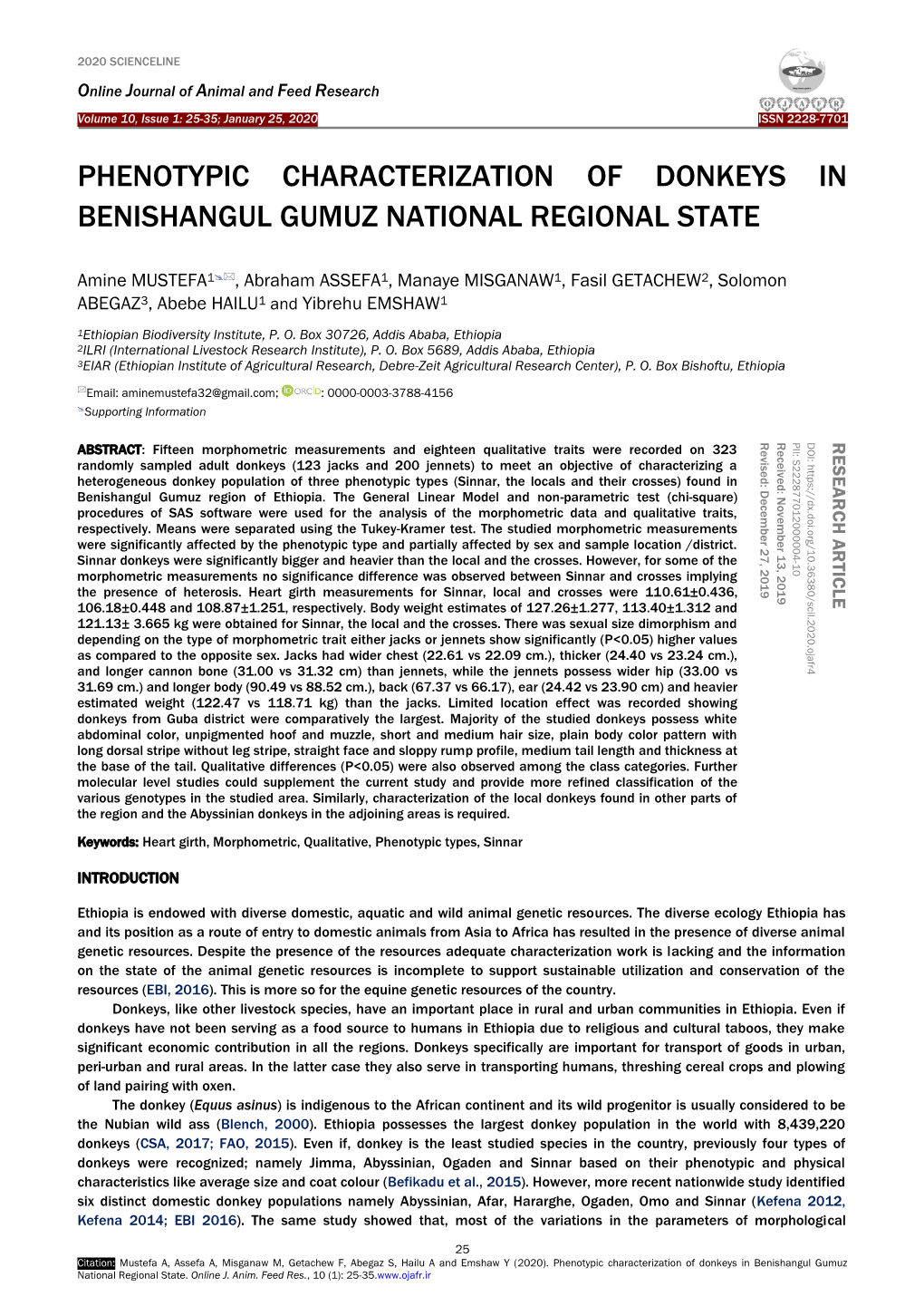 Phenotypic Characterization of Donkeys in Benishangul Gumuz National Regional State