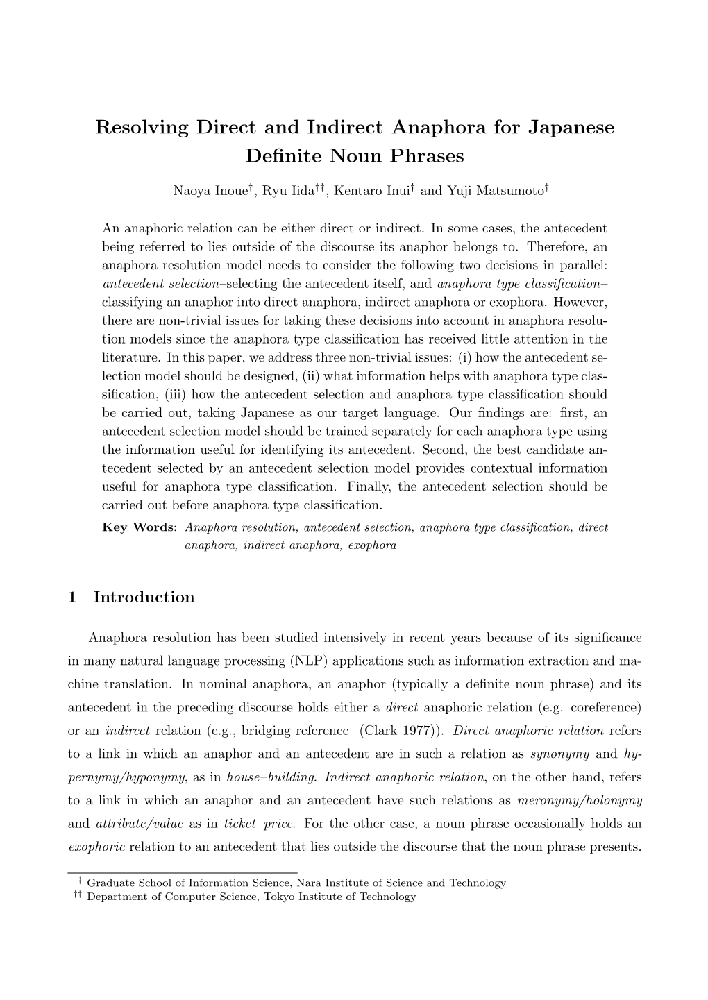 Resolving Direct and Indirect Anaphora for Japanese Definite