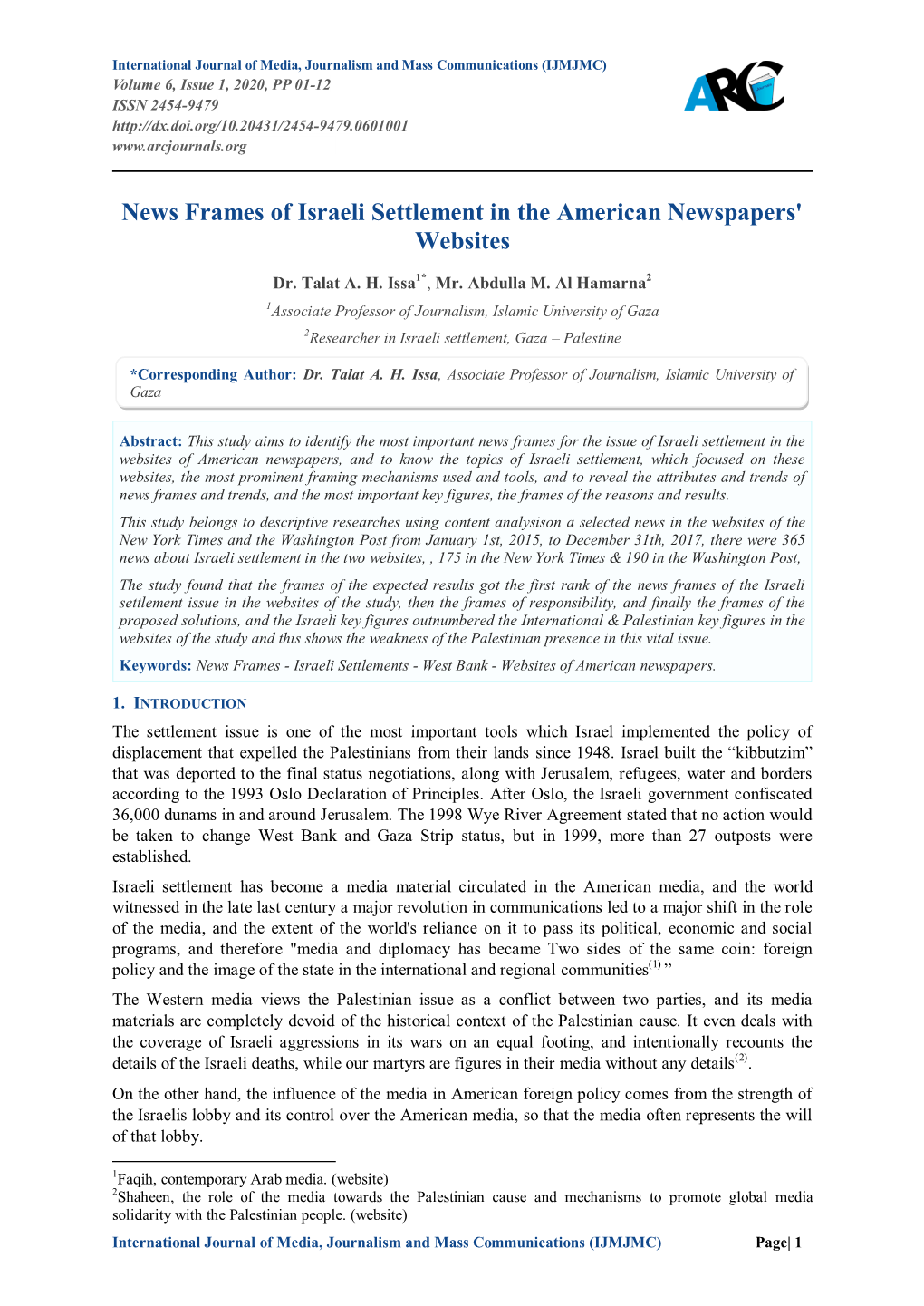 News Frames of Israeli Settlement in the American Newspapers' Websites