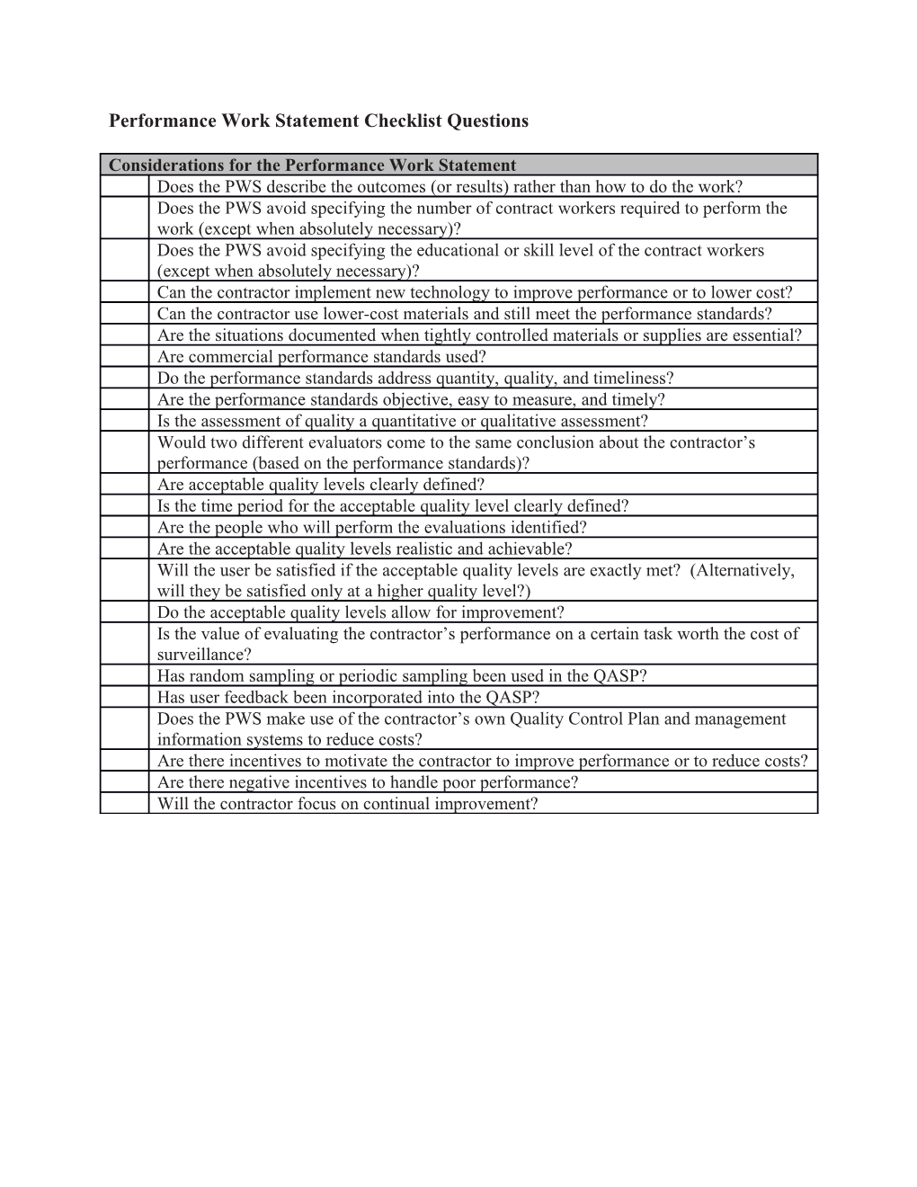 Performance Work Statement Checklist Questions