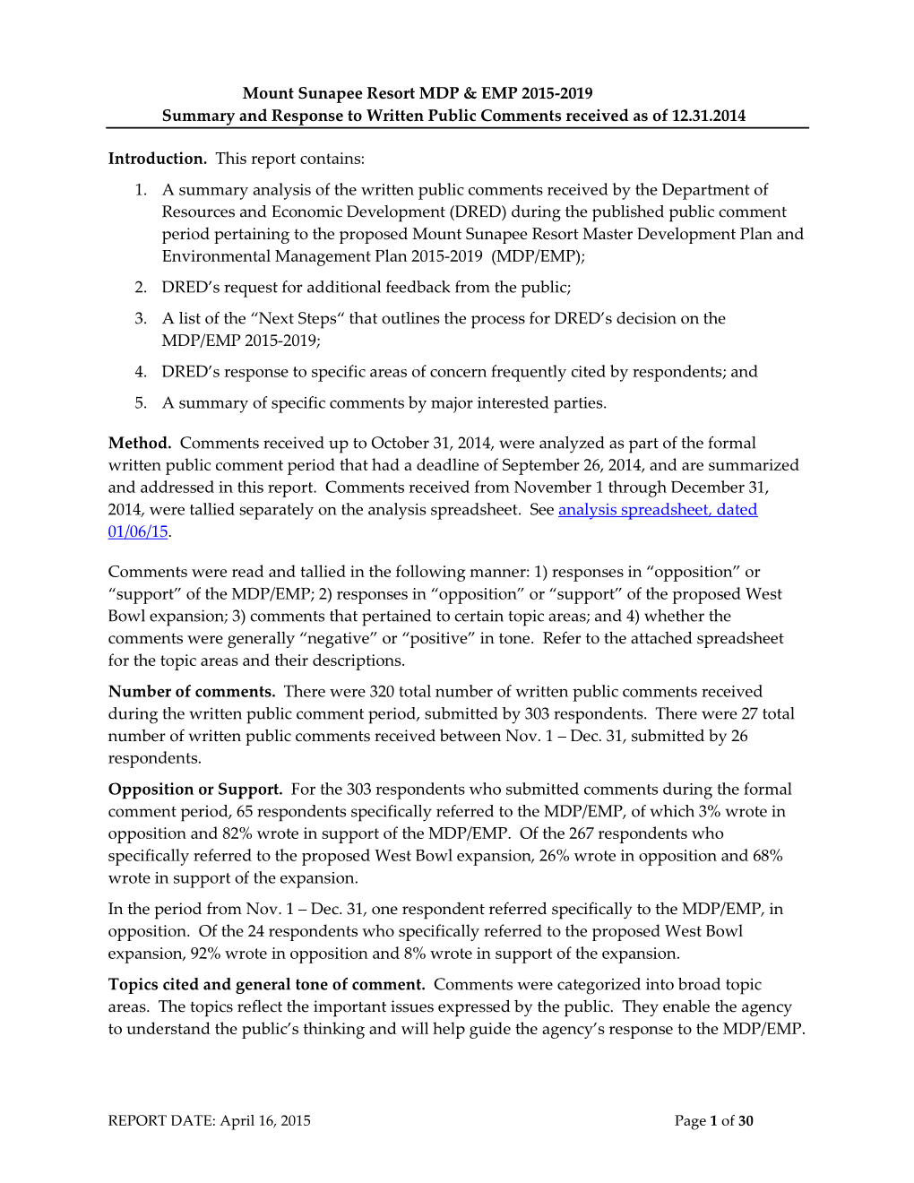 Summary and Response to Written Public Comments Received As of 12/31/2014