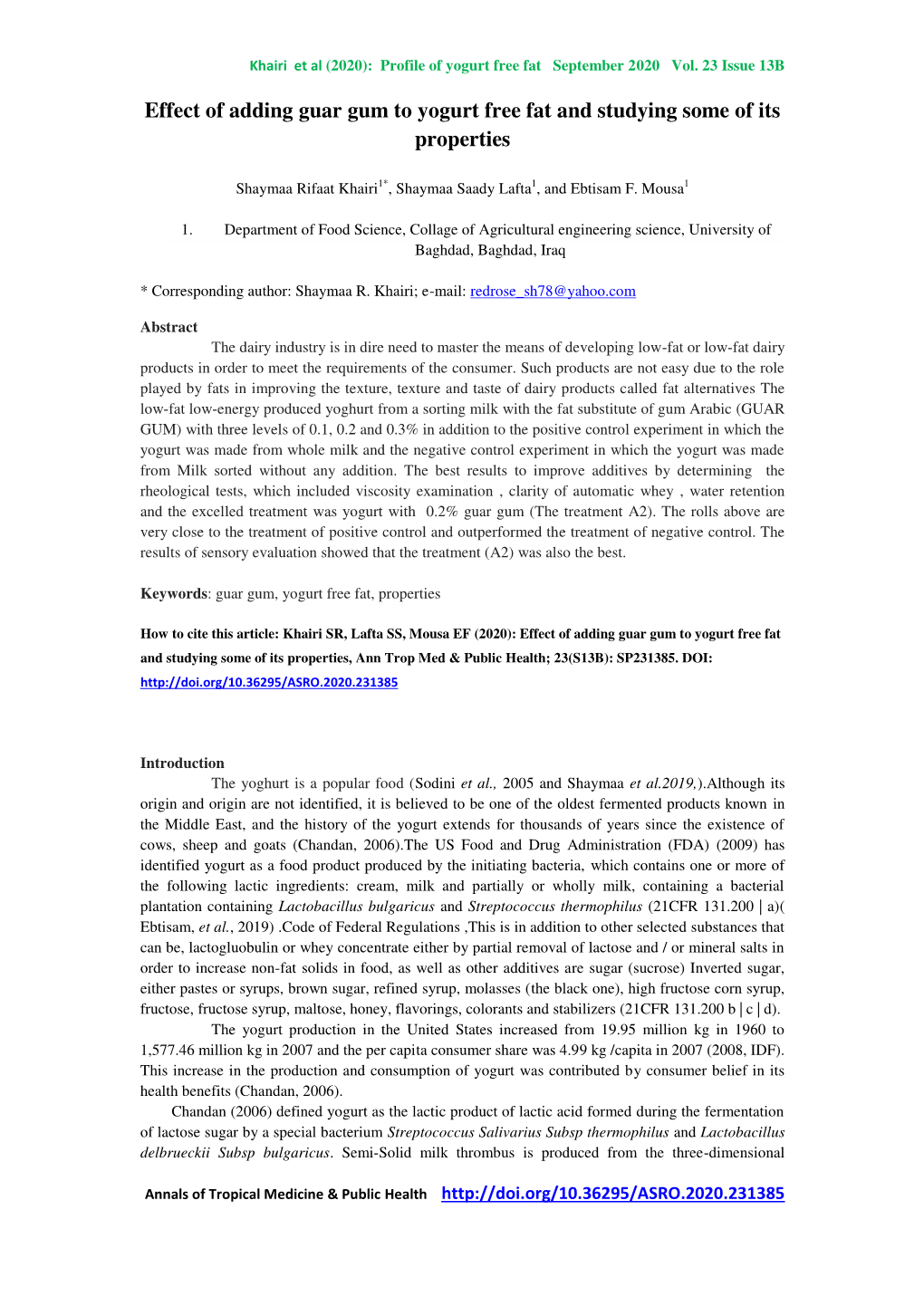 Effect of Adding Guar Gum to Yogurt Free Fat and Studying Some of Its Properties