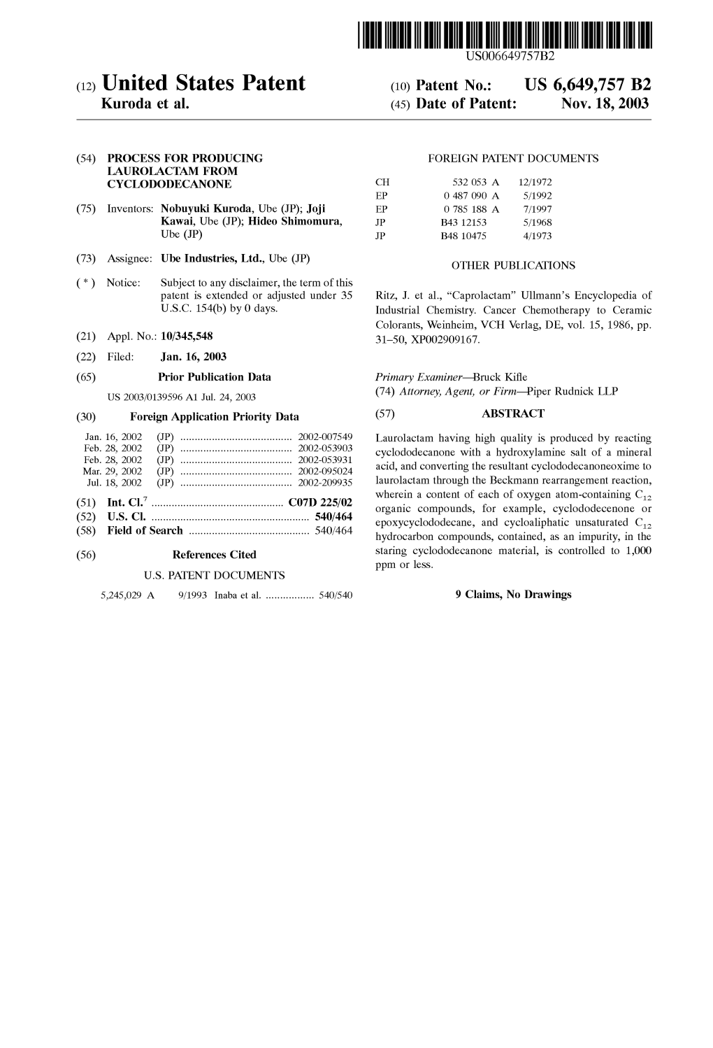 (12) United States Patent (10) Patent No.: US 6,649,757 B2 Kuroda Et Al