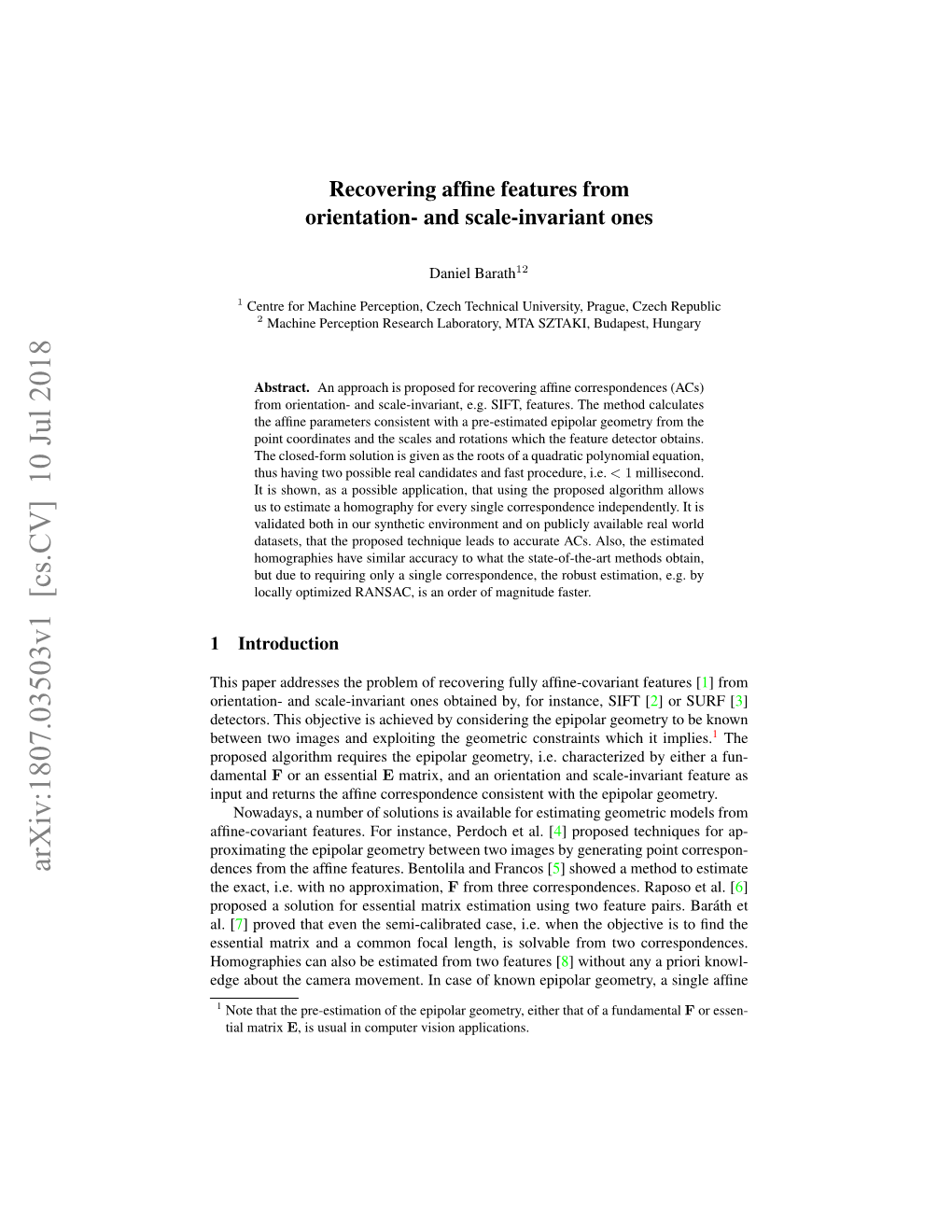 Arxiv:1807.03503V1 [Cs.CV] 10 Jul 2018 Dences from the Afﬁne Features