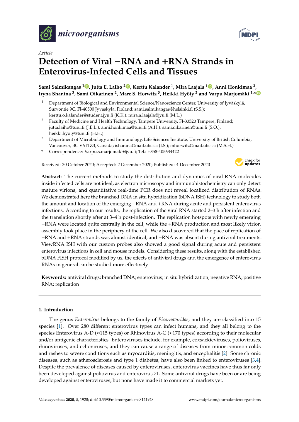 RNA and +RNA Strands in Enterovirus-Infected Cells and Tissues