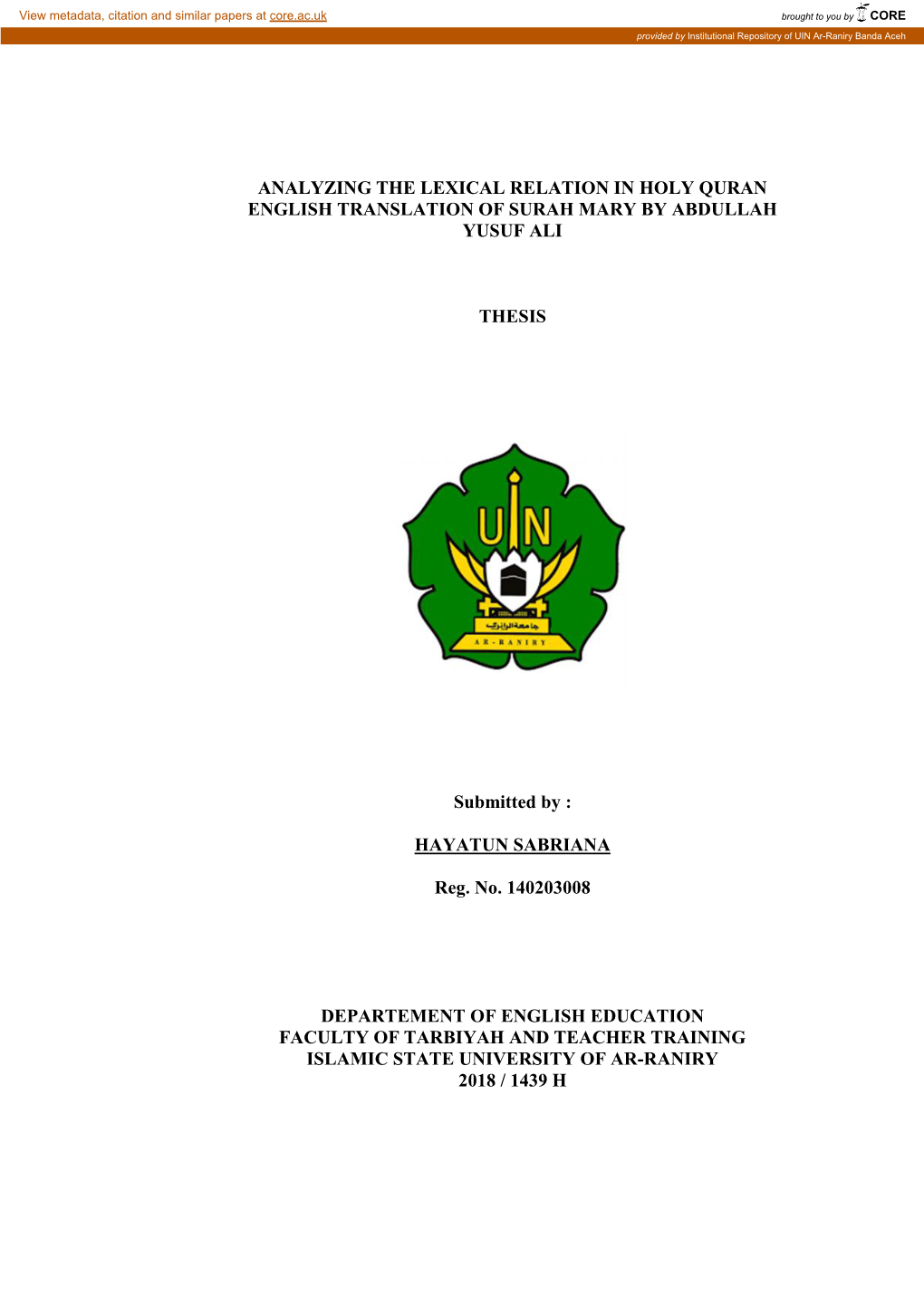 Analyzing the Lexical Relation in Holy Quran English Translation of Surah Mary by Abdullah Yusuf Ali