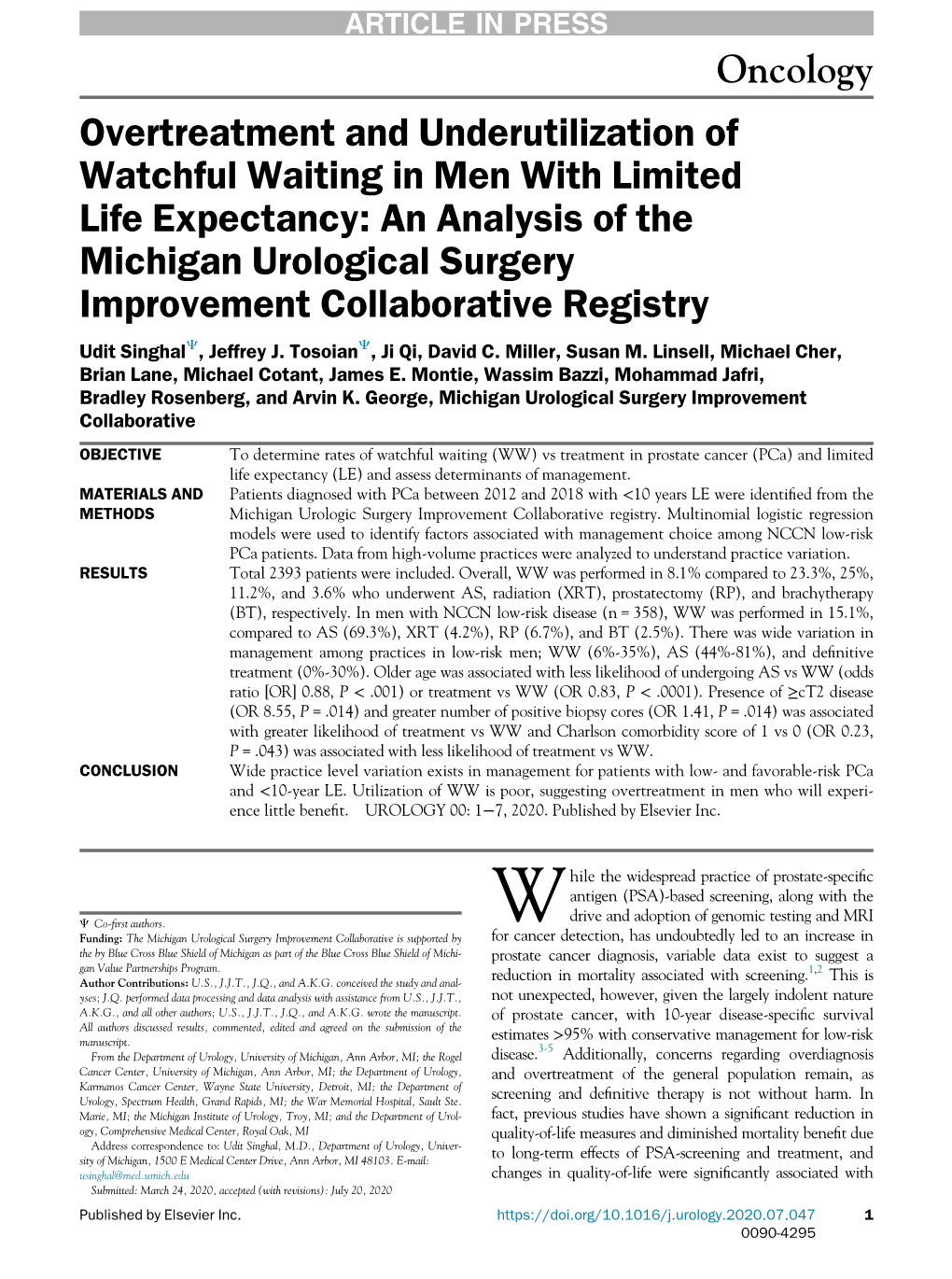 Overtreatment and Underutilization of Watchful Waiting in Men with Limited