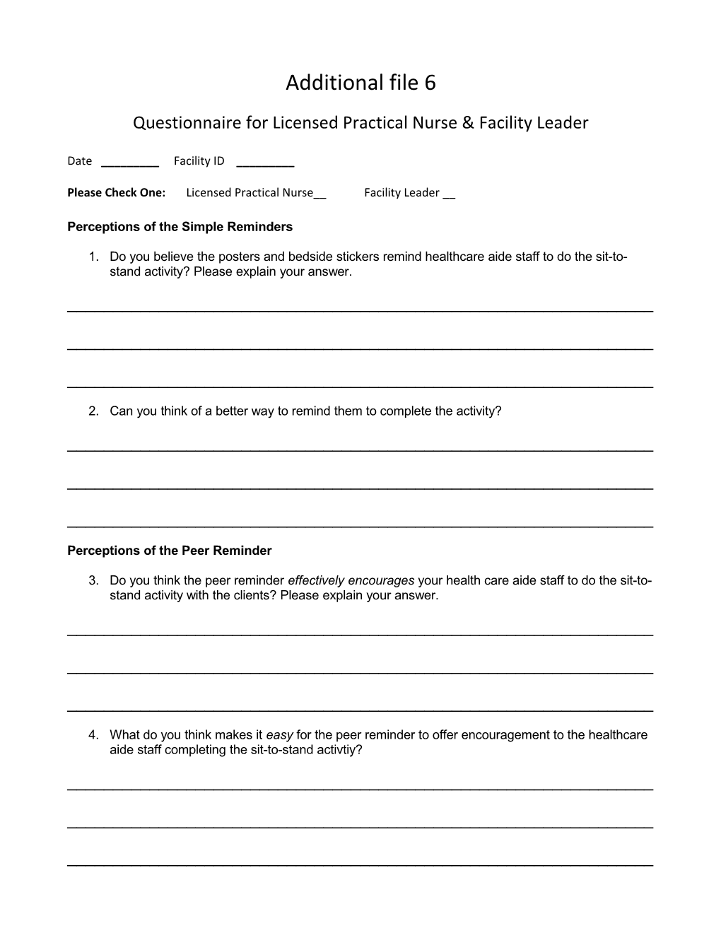 Questionnaire for Licensed Practical Nurse & Facility Leader