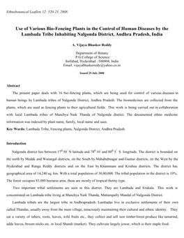 Use of Various Bio-Fencing Plants in the Control of Human Diseases by the Lambada Tribe Inhabiting Nalgonda District, Andhra Pradesh, India