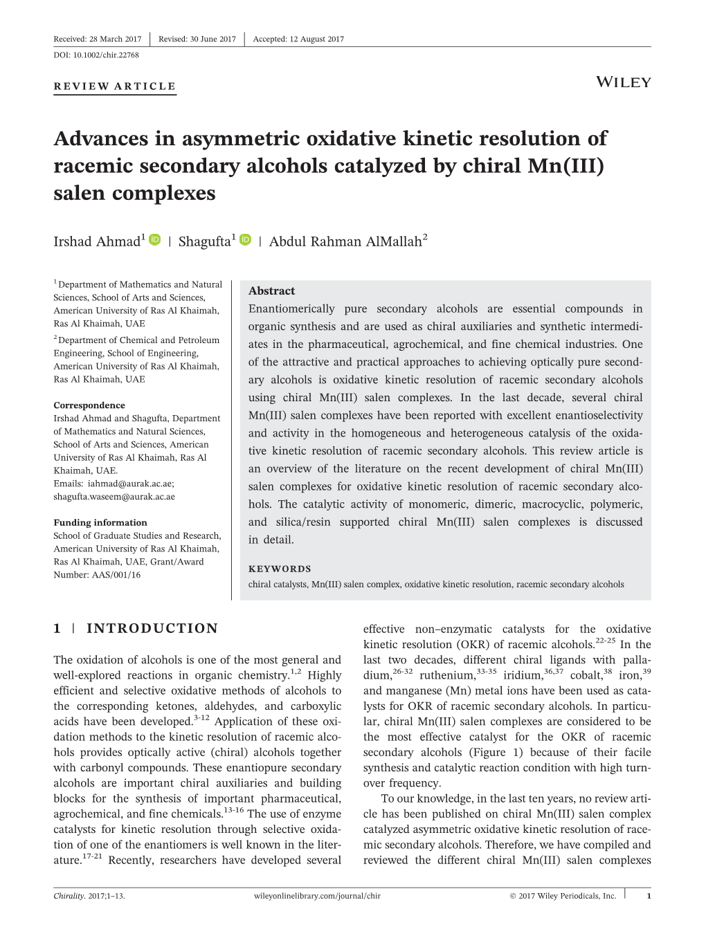 Advances in Asymmetric Oxidative Kinetic Resolution of Racemic Secondary Alcohols Catalyzed by Chiral Mn(III) Salen Complexes