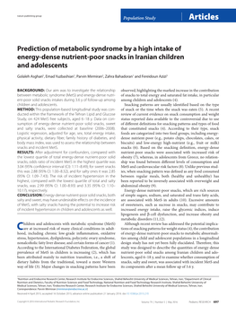 Prediction of Metabolic Syndrome by a High Intake of Energy-Dense Nutrient-Poor Snacks in Iranian Children and Adolescents