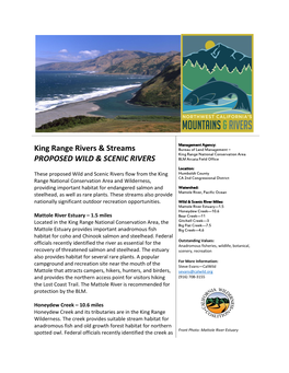 King Range Rivers & Streams PROPOSED WILD & SCENIC RIVERS