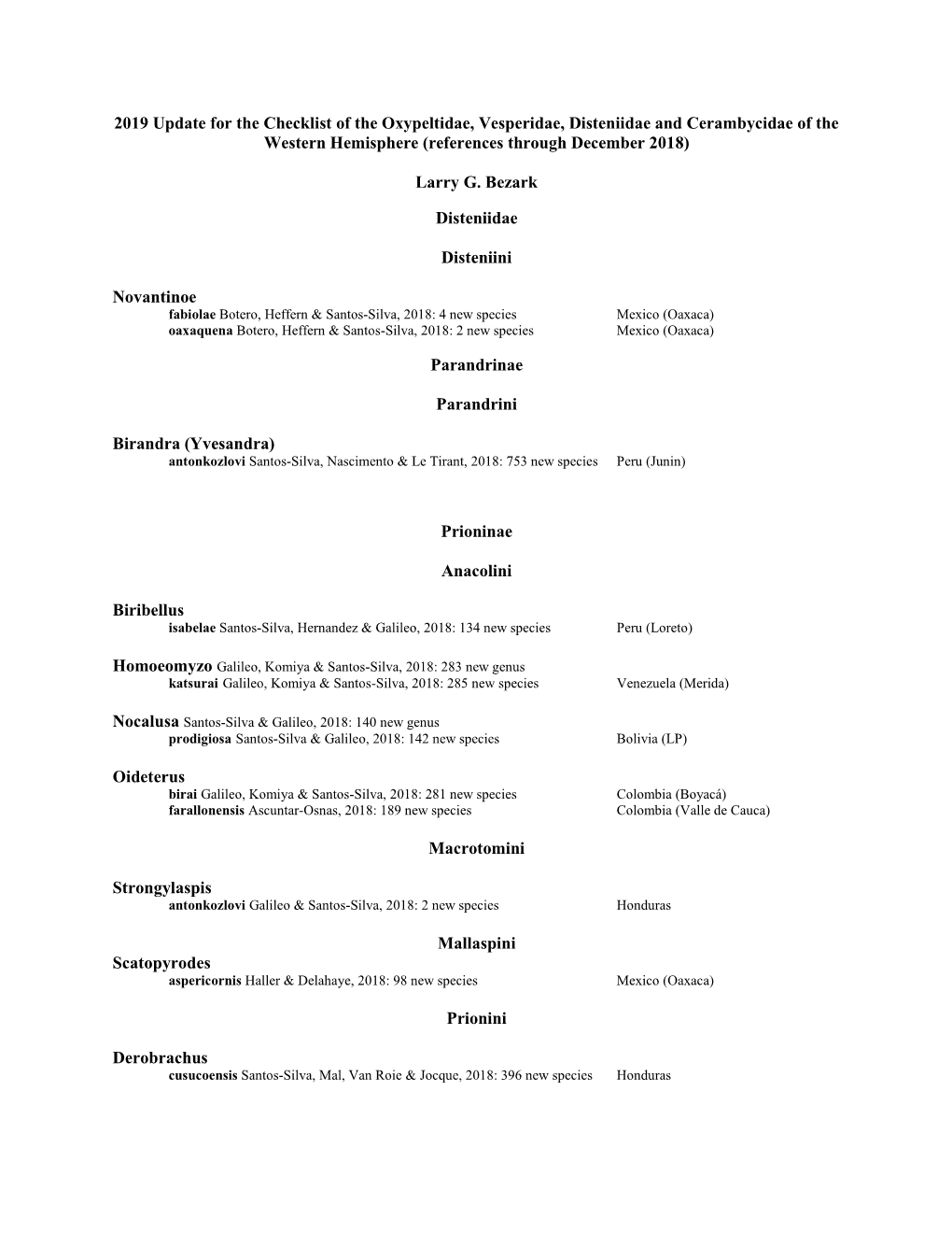 2019 Update for the Checklist of the Oxypeltidae, Vesperidae, Disteniidae and Cerambycidae of the Western Hemisphere (References Through December 2018)