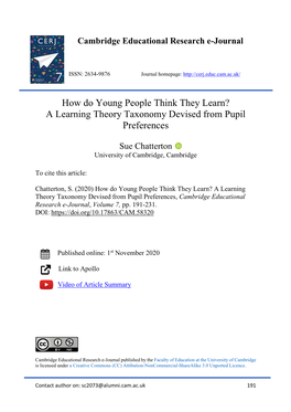 How Do Young People Think They Learn? a Learning Theory Taxonomy Devised from Pupil Preferences