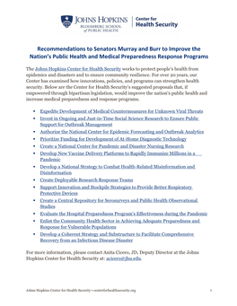 Recommendations to Senators Murray and Burr to Improve the Nation's