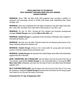 Proclamation to Celebrate Troy Resident and Miss India Usa 2021 Winner Vaidehi Dongre
