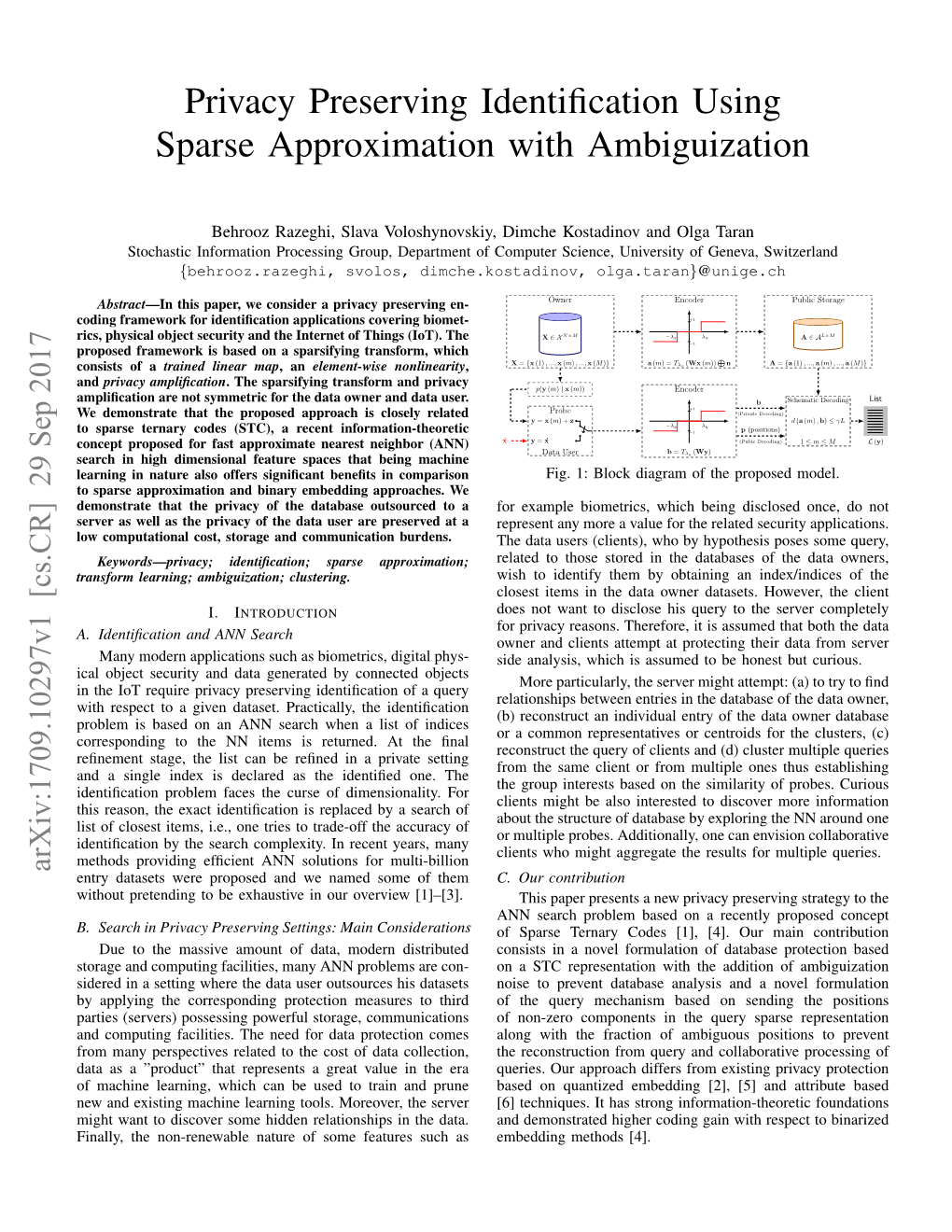 Privacy Preserving Identification Using Sparse Approximation With