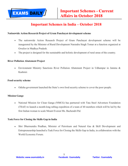 Important Schemes - Current Affairs in October 2018
