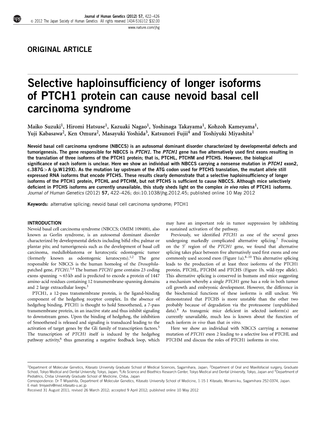 Selective Haploinsufficiency of Longer Isoforms of PTCH1 Protein Can