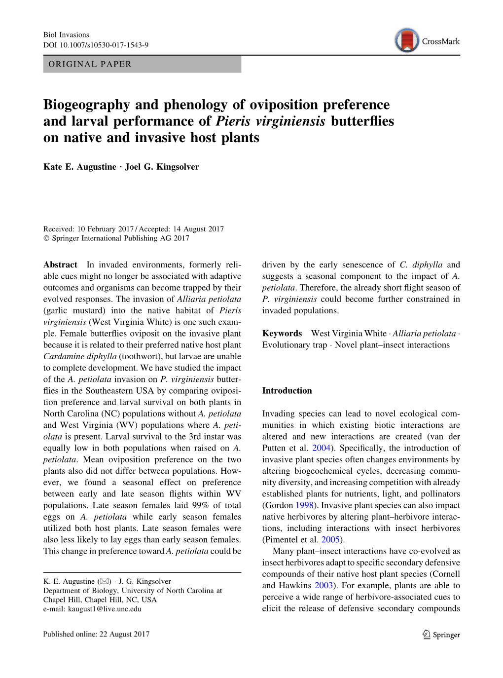 Biogeography and Phenology of Oviposition Preference and Larval Performance of Pieris Virginiensis Butterﬂies on Native and Invasive Host Plants