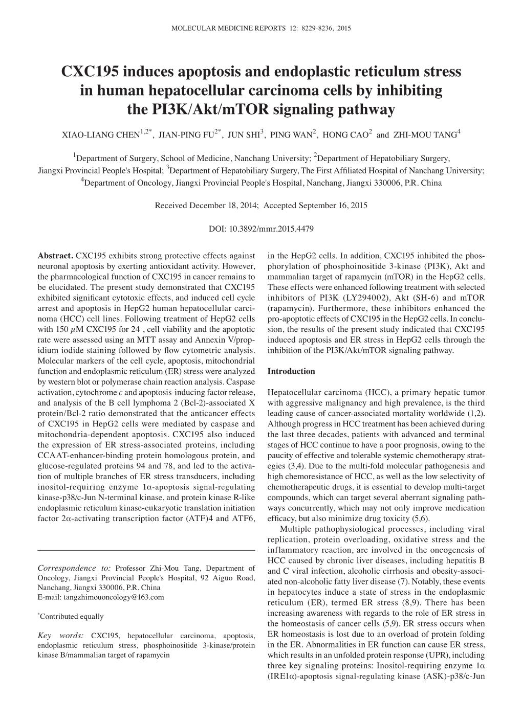 CXC195 Induces Apoptosis and Endoplastic Reticulum Stress in Human Hepatocellular Carcinoma Cells by Inhibiting the PI3K/Akt/Mtor Signaling Pathway