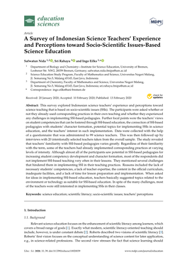 A Survey of Indonesian Science Teachers' Experience and Perceptions Toward Socio-Scientific Issues-Based Science Education