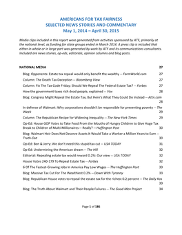 AMERICANS for TAX FAIRNESS SELECTED NEWS STORIES and COMMENTARY May 1, 2014 – April 30, 2015