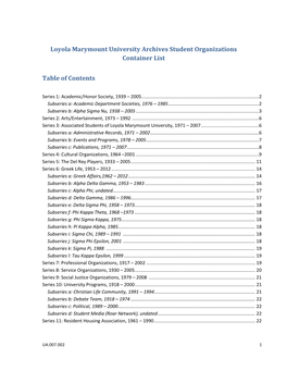 Loyola Marymount University Archives Student Organizations Container List