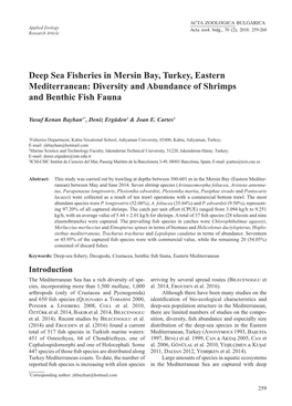 Deep Sea Fisheries in Mersin Bay, Turkey, Eastern Mediterranean: Diversity and Abundance of Shrimps and Benthic Fish Fauna
