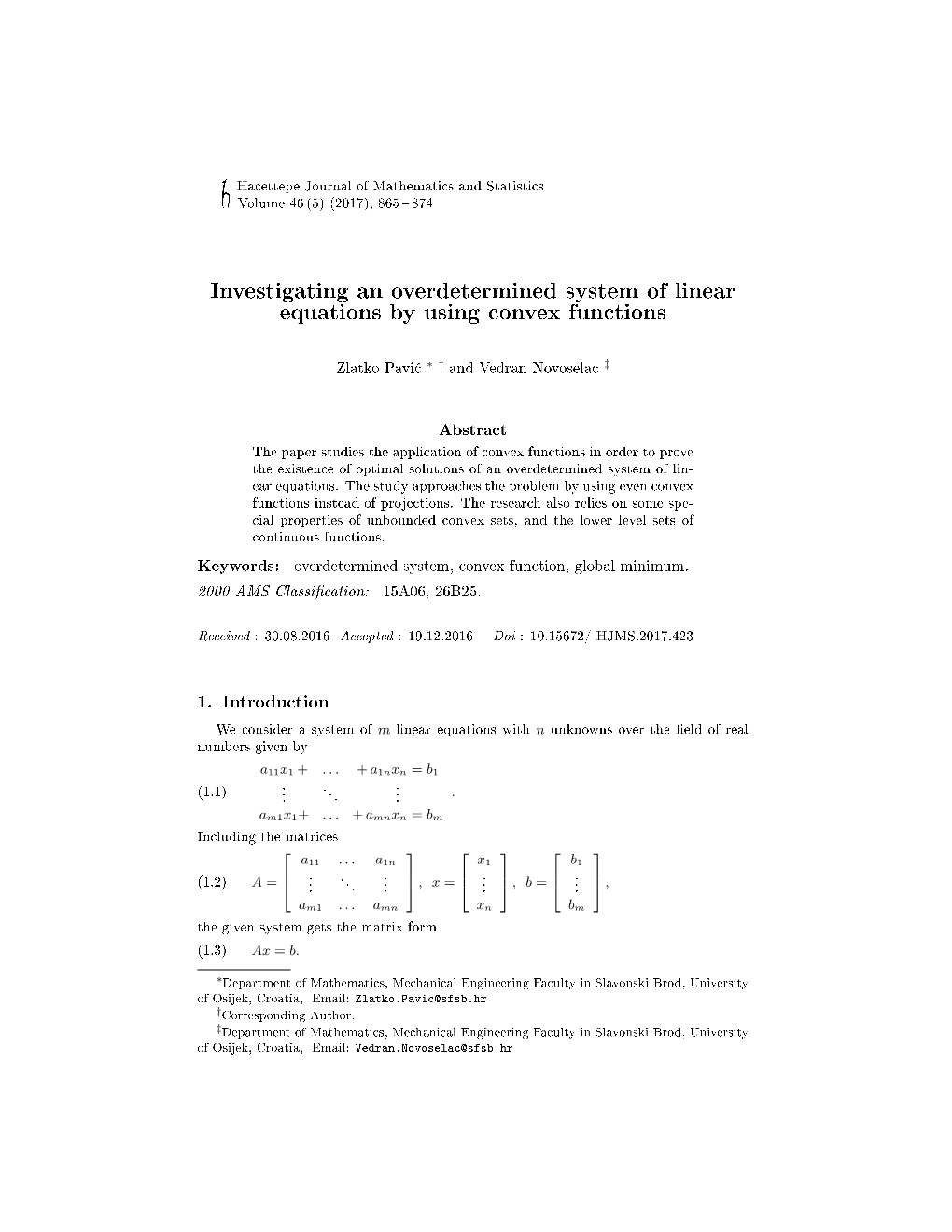 Investigating an Overdetermined System of Linear Equations by Using Convex Functions